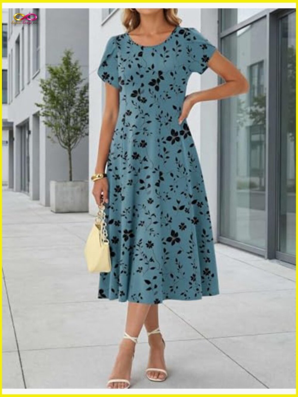 Ruffle Short Sleeve Midi Dress A-Line Flowy Pleated Sundress Casual Summer - Picture 4 of 7
